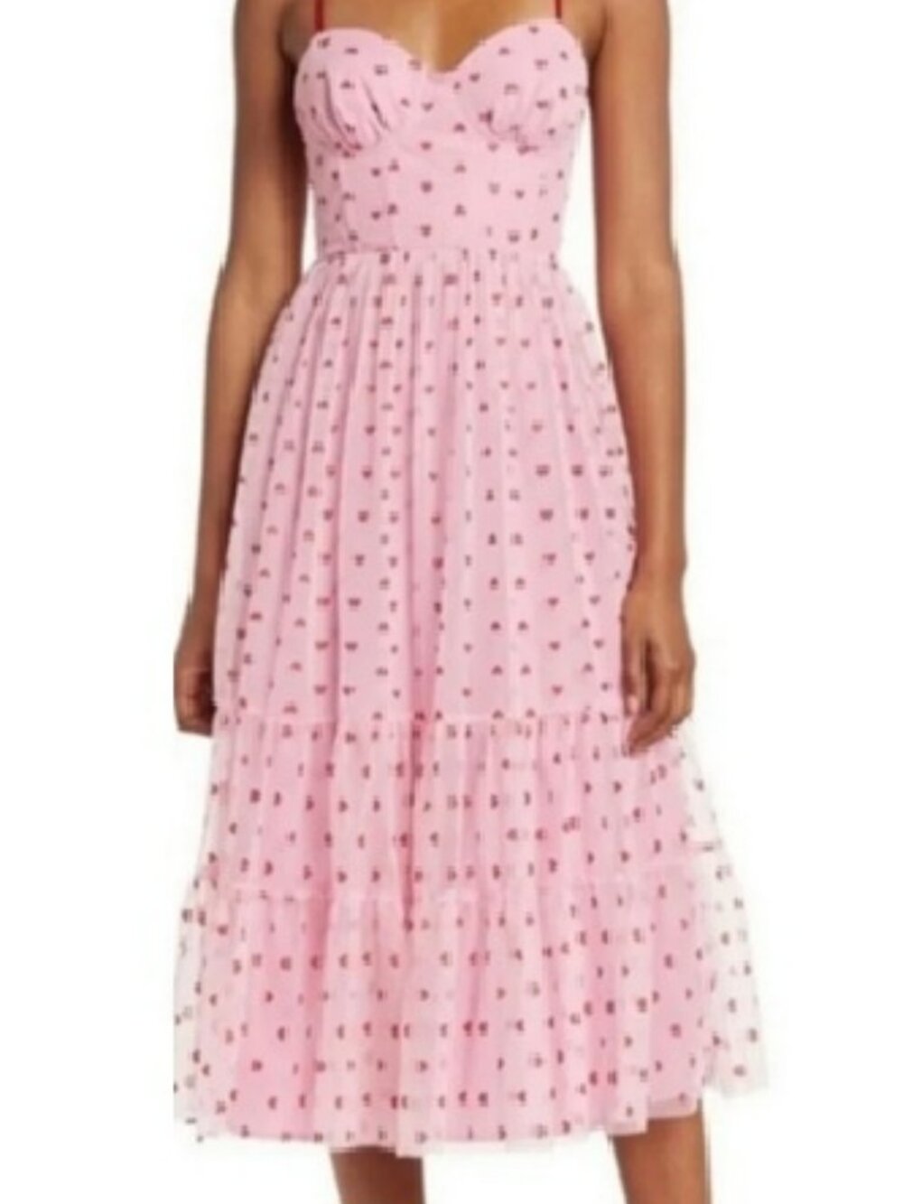 Betsey Johnson Pink Red Heart-Print Bustier Corset Tulle Midi Dress Sz 8